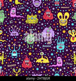 Cute monster seamless pattern, funny cartoon character print, fabric, textile design. Cheerful colorful fairy creatures on dark purple background with Stock Vector
