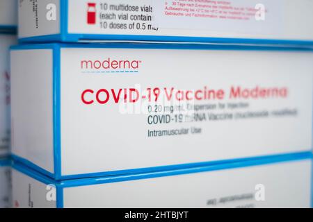 Berlin, Germany - February, 2022: Covid-19 mRNA Vaccine by Moderna Stock Photo