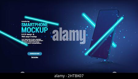 Futuristic blue Mobile Phone Mockup with Neon Lines Stock Vector