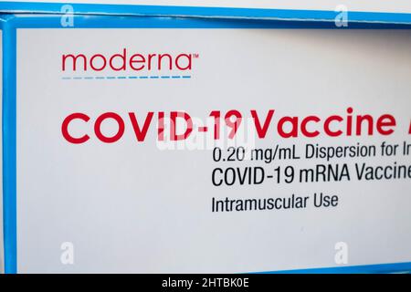 Berlin, Germany - February, 2022: Covid-19 mRNA Vaccine by Moderna Stock Photo