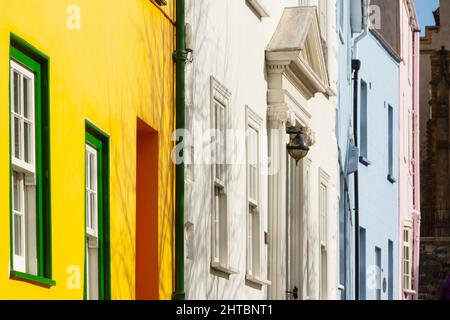 perspective view of colourful houses in Lyme Regis Dorset Stock Photo