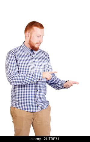 Caucasian red-haired and bearded man with touch screen imaging panel. High quality photo Stock Photo