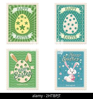 Set of Easter postal stamps, bunnies, eggs, retro graphic. Vintage collection Stock Vector