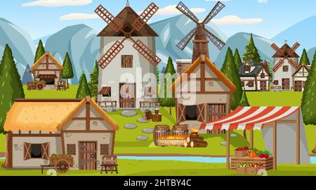Medieval market scene with villagers illustration Stock Vector Image ...