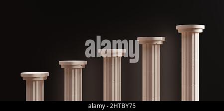 Pillar marble stone column colonnade, Four pedestal increase height on black background, Classic Ancient Greek civilization, business up, rise concept Stock Photo