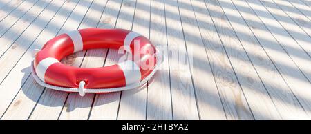 Life preserver on wooden ship deck. Lifebuoy white and red color float ring, boat safety equipment, rescue life. Copy space, banner. 3d render Stock Photo