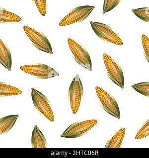 Seamless pattern with sweet golden corn on white background. Natural fresh bright tasty bunch of corn. Template vector illustration for packaging Stock Vector