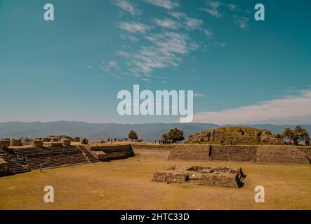 Ancient Zapotec structures inside Monte Alban Archaeological Zone in Mexico Stock Photo