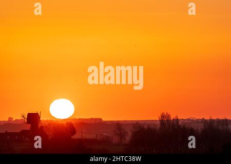 Sunrise in to a clear orange sky over a landscape of hedgerows and trees with a English windmill without sails, near the horizon. Stock Photo