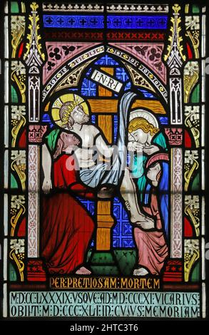 Stained glass window by Frederick Preedy depicting The Deposition of Christ, St Lawrence Church, Stretton Grandison, Herefordshire Stock Photo