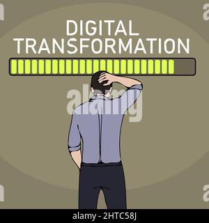 Businessman icon with a loading bar and "DIGITAL TRANSFORMATION" written on a brown background Stock Photo