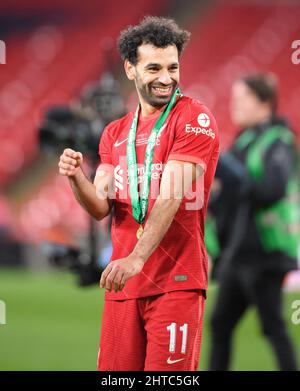 London, UK. 27th Feb, 2022. Chelsea v Liverpool - Carabao Cup - Final - Wembley Stadium Mohamed Salah celebrates winning the Carabao Cup Final at Wembley Stadium Picture Credit : Credit: Mark Pain/Alamy Live News Stock Photo