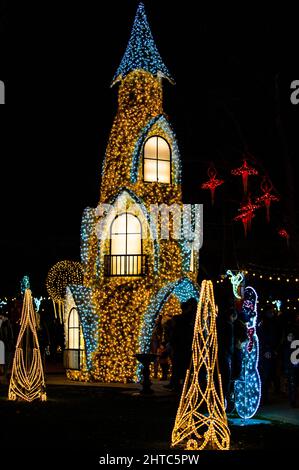 Vertical shot of Christmas decorations in Constanta city park - Romania. Stock Photo