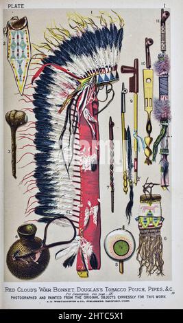Red Cloud's War Feathers Bonnet. Douglas's Tobacco Pouch, Pipes, &c. From  the Book ' Our wild Indians; thirty-three years' personal experience among  the red men of the great West ' by Richard