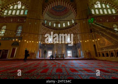 EDIRNE - TURKEY - DECEMBER 24, 2021 : Interior of the Selimiye Mosque. The UNESCO World Heritage Site Of The Selimiye Mosque, Built By Mimar Sinan In Stock Photo