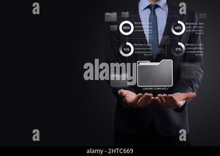 Business developer hand using board framework on virtual modern computer showing innovation Agile software development lean project management tool fa Stock Photo
