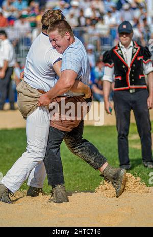 Swiss wrestlers fighting at the NOS 2012 in Silvaplana, Switzerland Stock Photo