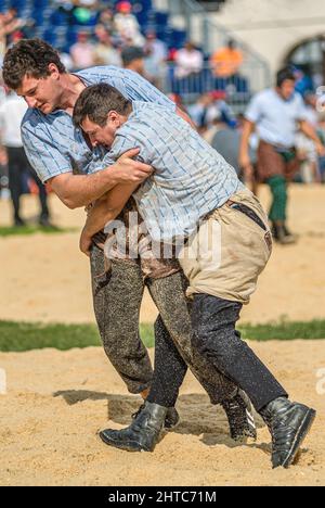 Swiss wrestlers fighting at the NOS 2012 in Silvaplana, Switzerland Stock Photo
