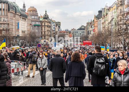 PRAGUE, CZECH REPUBLIC - FEBRUARY 27, 2022: Protest against Russian invasion of Ukraine in Prague, Czech Republic. Stock Photo