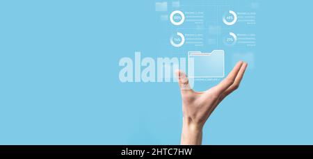 Business developer hand using board framework on virtual modern computer showing innovation Agile software development lean project management tool fa Stock Photo
