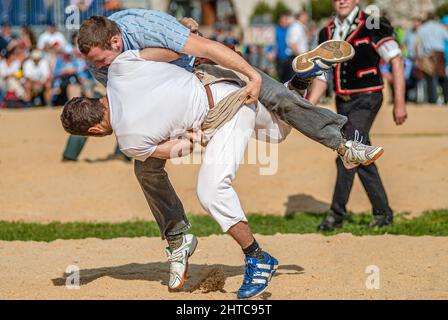 Swiss wrestlers fighting at the NOS 2012 in Silvaplana, Switzerland Stock Photo