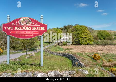 Sign of the Two Bridges Hotel in Dartmoor National Park in Devon, England