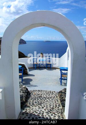 Beautiful details of Santorini island in Greece, by the Mediterranean Sea  Stock Photo by wirestock