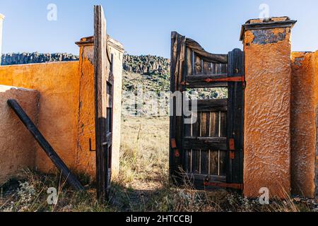 Weathered wooden gate dilapidated wall with tall grass blue sky Stock Photo