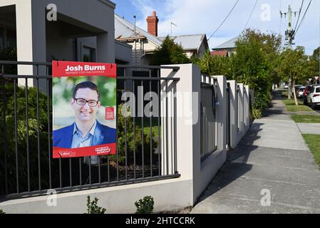 Corflute featuring image of federal Labor politician Josh Burns MP, representative for the seat of Macnamara, part of his reelection campaign Stock Photo