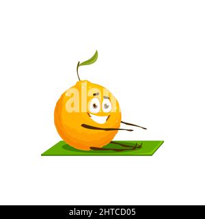 Mandarin, clementine, orange citrus fruit with leaf isolated cartoon character stretching on yoga mat on fitness. Vector tangerine healthy vegetarian food, exotic tropical dessert sport workout Stock Vector