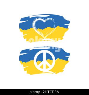 Ukrainian flag brush stroke with stop war. Peace for Ukraine text in chalk texture and heart vector. Stock Vector
