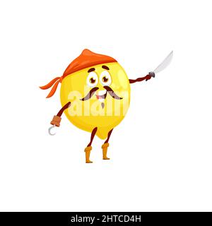Pirate yellow citrus lemon fruit in bandana with sword and hook on hand isolated cartoon character mascot. Vector juicy lemon, tropical citron, ripe sour fruit pirate in bandana, corsair or buccaneer Stock Vector