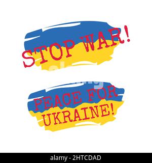 Ukrainian flag brush stroke with stop war. Peace for Ukraine text in chalk texture and heart vector. Stock Vector