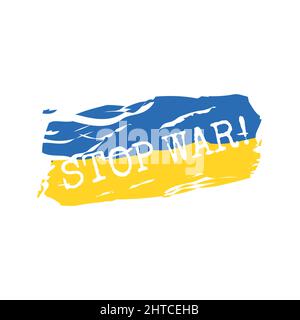 Ukrainian flag brush stroke with stop war. Peace for Ukraine text in chalk texture and heart vector. Stock Vector