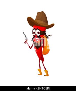 Cartoon chili pepper gangster or bandit character. Vector wild west hero, robber or ranger in cowboy hat and mask carry money sack. Western personage with gun robbed the bank, healthy food, spices Stock Vector