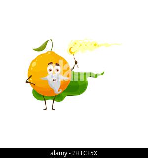 Cartoon orange fruit wizard or magician character, vector senior citrus with grey beard and magic wand making spell. Funny smiling sorcerer in green cape, healthy fascinator personage, wiz conjurer Stock Vector