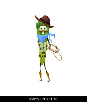 Cartoon asparagus cowboy character with lasso. Funny vegetable vector character wearing cowboy hat, bandana and boots. Comical wild west rodeo cowboy asparagus personage with lasso rope Stock Vector