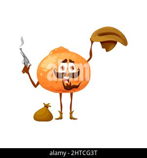 Cartoon tangerine or mandarin robber character. Vector citrus bandit, cowboy or ranger fruit, wild west hero in hat, boots, with gun and money sack. Western personage healthy food, horseman vitamin Stock Vector