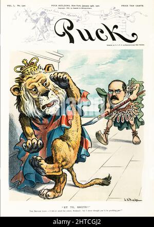 An early 20th century American Puck Magazine illustration of Rudyard Kipling holding a pen labelled 'Criticism' which he is using as a prod to get the British Lion moving in a particular direction. In a 1902 poem, The Rowers, Kipling attacked the Kaiser as a threat to Britain and called for an Anglo-French alliance to stop Germany. Stock Photo