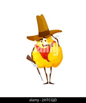 Cartoon cowboy or ranger quince personage. Vector fruit bandit or robber character with gun smoking cigar. Wild west hero in hat, boots and bandana. Western healthy food, horseman vitamin mascot Stock Vector