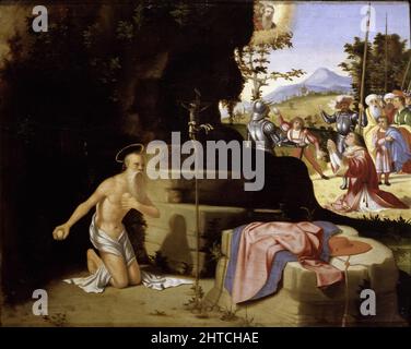 The penitent Saint Jerome in the desert and The Stoning of Saint Stephen, ca 1526. Found in the Collection of the Accademia Carrara, Bergamo. Stock Photo