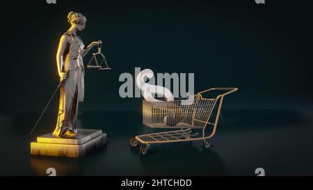 3D rendering of a beautiful brass Lady Justice figure with a shopping cart Stock Photo