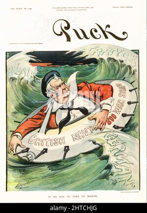 An early 20th century American Puck Magazine illustration showing John Bull as a sailor, floating in a life-preserver labelled 'British Navy 800 War Ships'. He's surrounded by huge waves labelled 'Germany,' 'France,' and 'Russia' with cannon barrels pointing in all directions from the life-preserver. Stock Photo