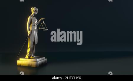 3D rendering of a beautiful brass Lady Justice figure with a law sign Stock Photo