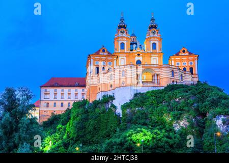Melk, Austria. Benedictine abbey in Wachau valley at twilight. Stock Photo
