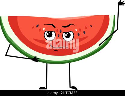 Watermelon character with emotions of hero, brave face, arms and leg. Person with courage expression, fruit emoticon. Vector flat illustration Stock Vector