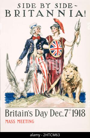 An early 20th century American Puck Magazine illustration of Britain's Day, 7th December 1918, with Uncle Sam arm-in-arm with Britannia, accompanied by a lion and an eagle. An evocation of the Special Relationship between the USA and Great Britain. Stock Photo