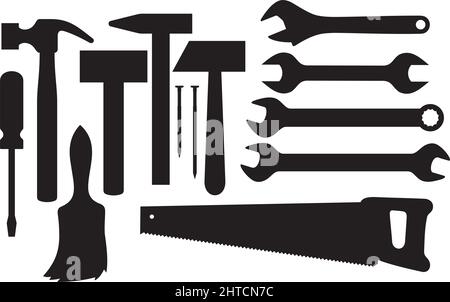 Vector black silhouettes of hand tools (hammer, nail, wrench, screwdriver, handsaw, wrench tool or spanner, paint brush) Stock Vector