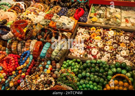 Bead bracelets and necklaces made from semi-precious stone for sale in Cat Street Markets (Upper Lascar Row), Sheung Wan, Hong Kong Island, 2007 Stock Photo