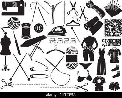 Sewing icons (equipment and needlework elements) vector illustration Stock Vector